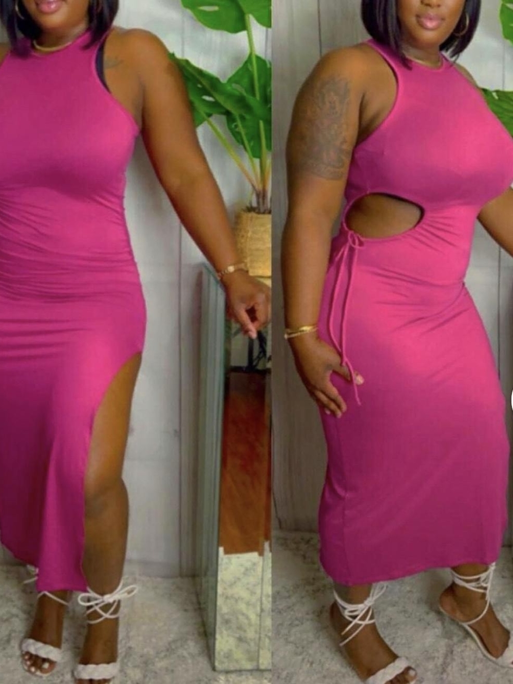 Women's Cutout Side Midi Dress in Fuchsia
